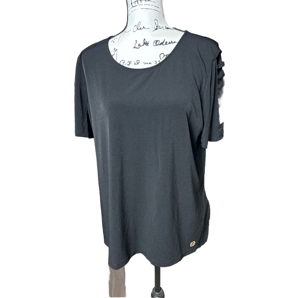 Michael Kors Short Sleeve Black Shirt Top w Webbed Strap Sleeves Women Sz XL